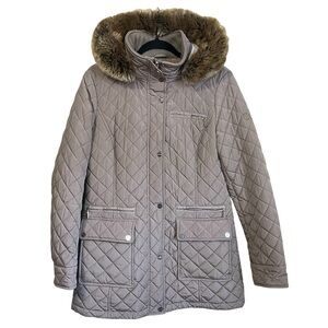 Calvin Klein Quilted Coat In Beige Tan With Faux Fur Trim Hood Size Medium
